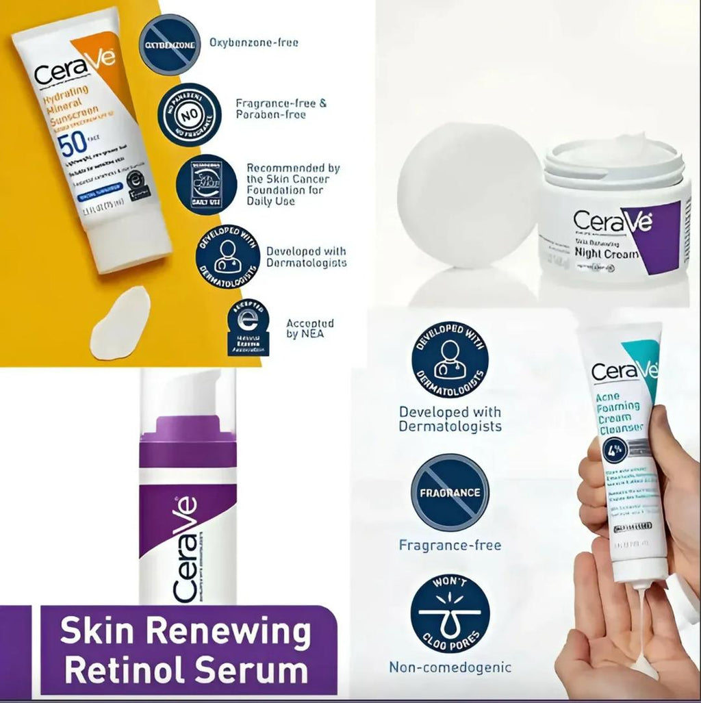 CeraVe 4-in-1 Complete Skincare Bundle – Hydrating Sunscreen, Foaming Cleanser, Night Cream & Retinol Serum