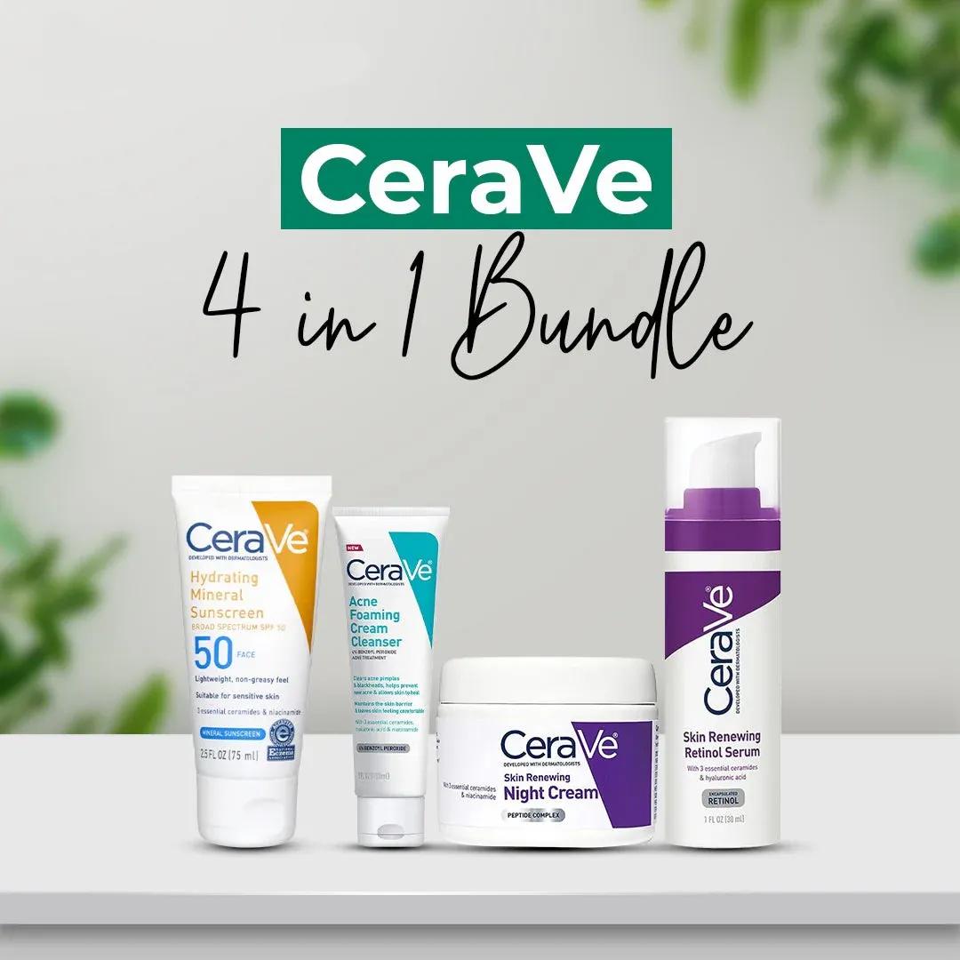 CeraVe 4-in-1 Complete Skincare Bundle – Hydrating Sunscreen, Foaming Cleanser, Night Cream & Retinol Serum