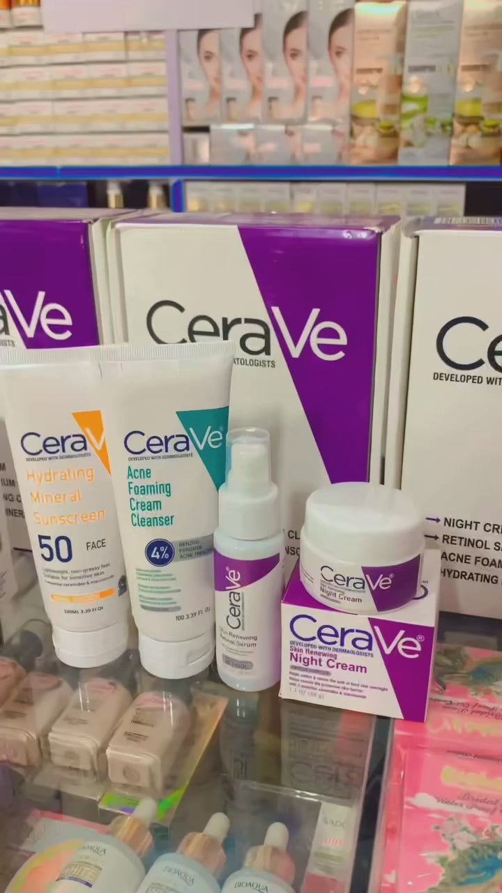 CeraVe 4-in-1 Complete Skincare Bundle – Hydrating Sunscreen, Foaming Cleanser, Night Cream & Retinol Serum